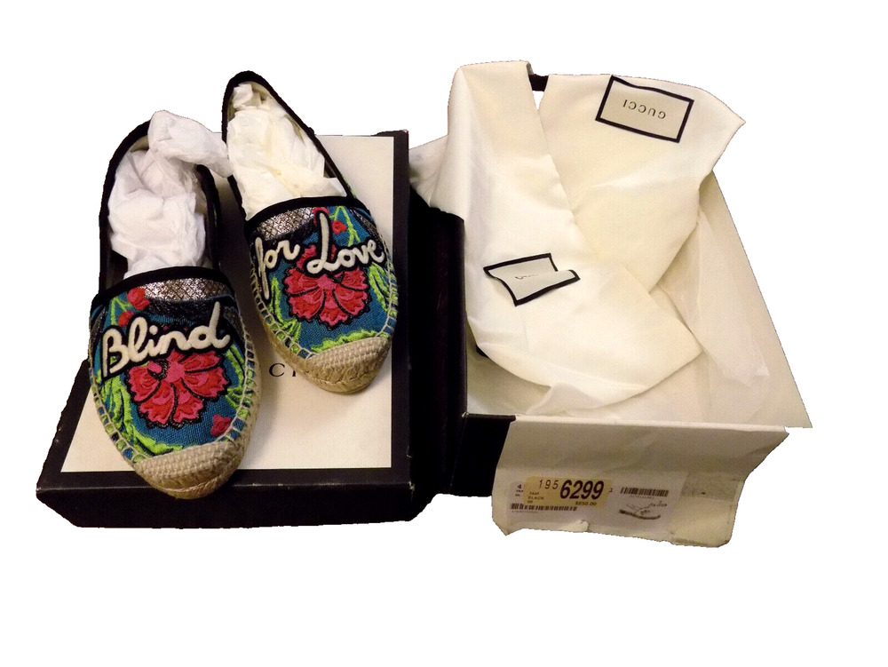 EUC Gucci Blind For Love Espadrille Flats GG Supreme 5 Embroidered metallic box